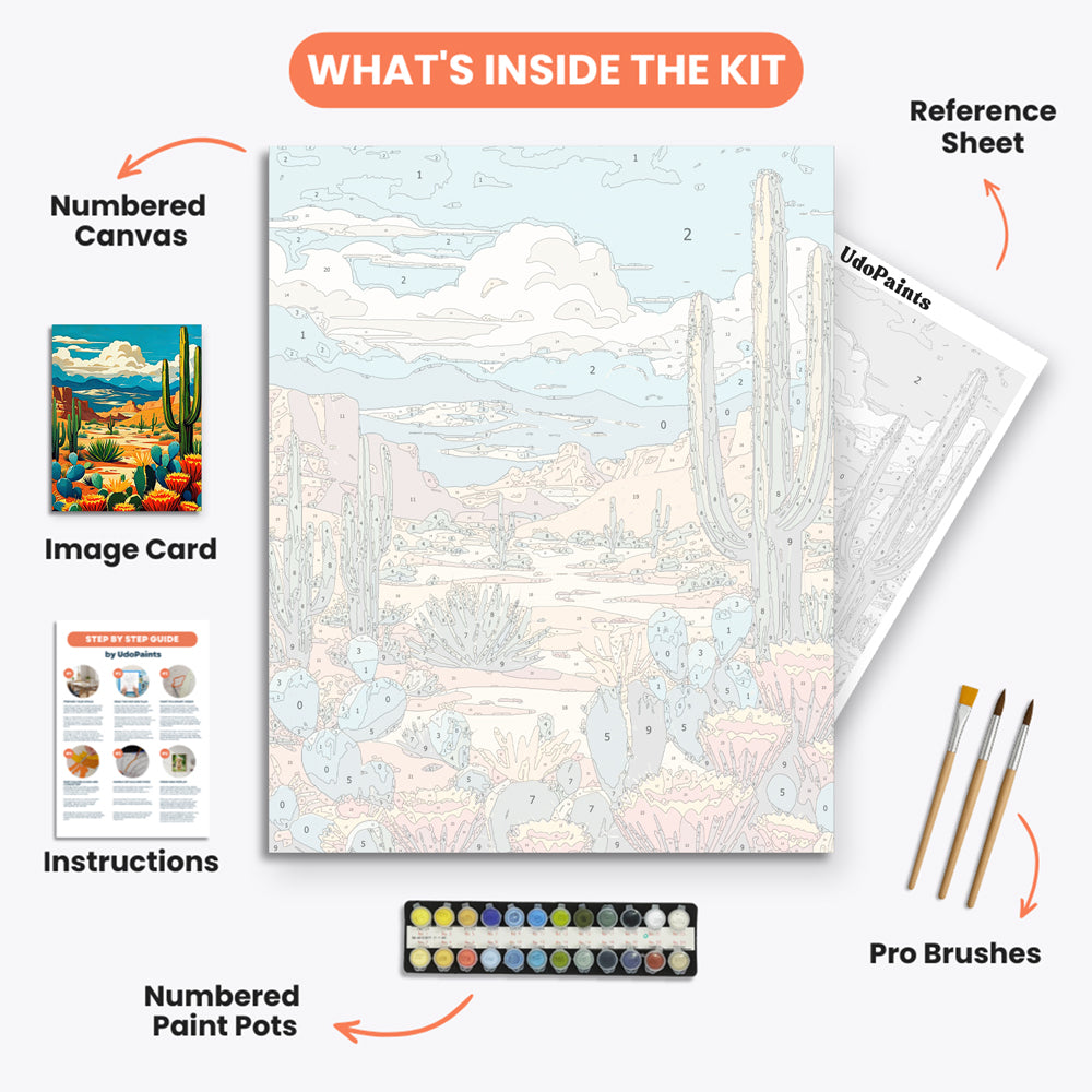 Desert Cactus Landscape Paint by Numbers Kit – includes numbered canvas, paint pots, brushes, and instructions