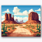 Paint by numbers design of desert pathway, cacti, towering rock formations, scattered green cacti