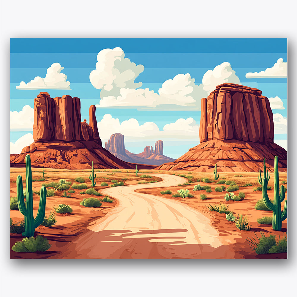 Paint by numbers design of desert pathway, cacti, towering rock formations, scattered green cacti