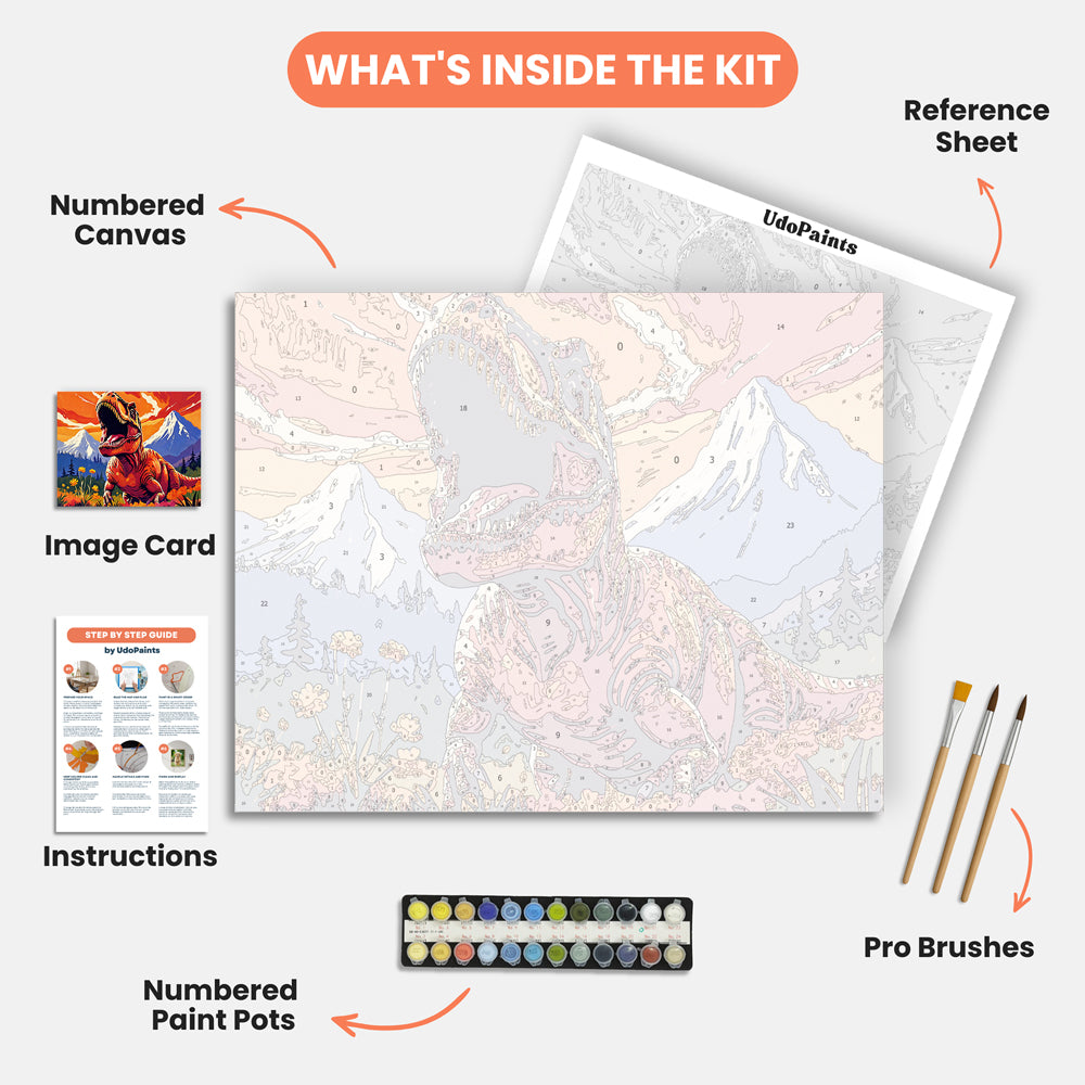Dinosaur Majesty Paint by Numbers Kit – includes numbered canvas, paint pots, brushes, and instructions