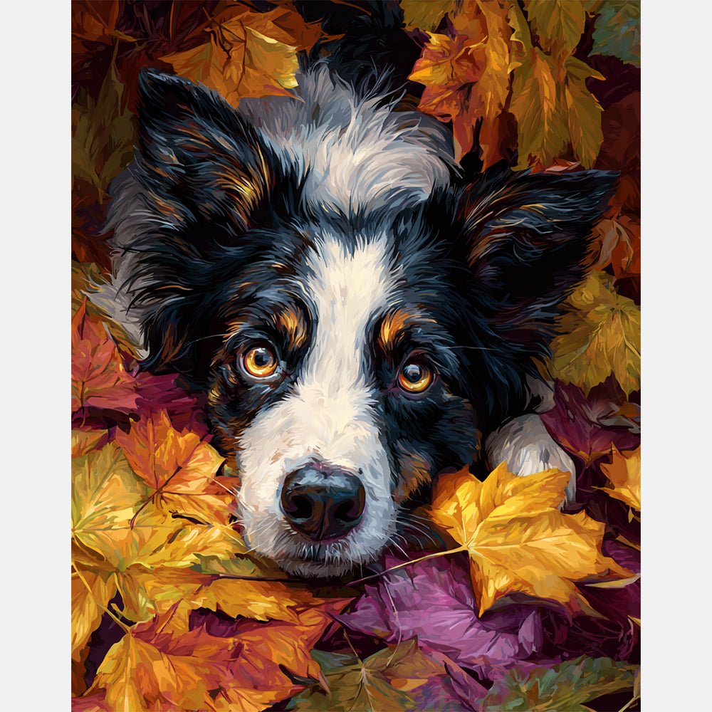 Dog In Golden Leaves Paint by Numbers Kit design preview showing the full artwork layout before painting