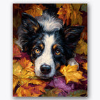 Paint by numbers design of dog, autumn leaves, vivid autumn leaves, intense eye gaze, A dog nestled in vivid autumn leaves