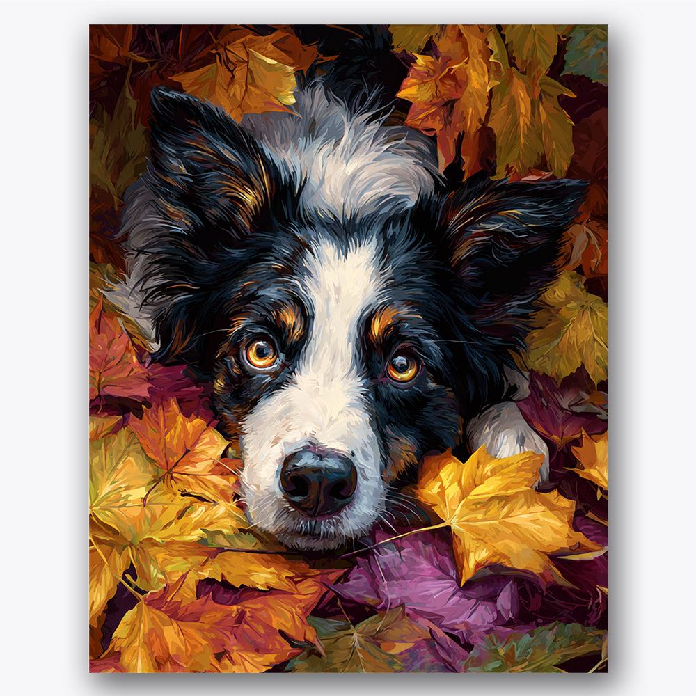 Paint by numbers design of dog, autumn leaves, vivid autumn leaves, intense eye gaze, A dog nestled in vivid autumn leaves