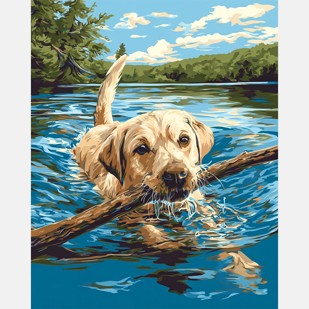 Dog With Stick Paint by Numbers Kit design preview showing the full artwork layout before painting