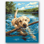 Paint by numbers design of dog, stick, labrador in water, bright blue reflections
