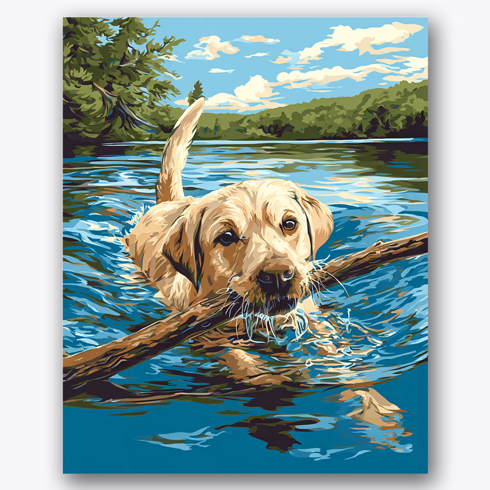Paint by numbers design of dog, stick, labrador in water, bright blue reflections