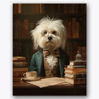Paint by numbers design of dog, library, fluffy white fur, round spectacles
