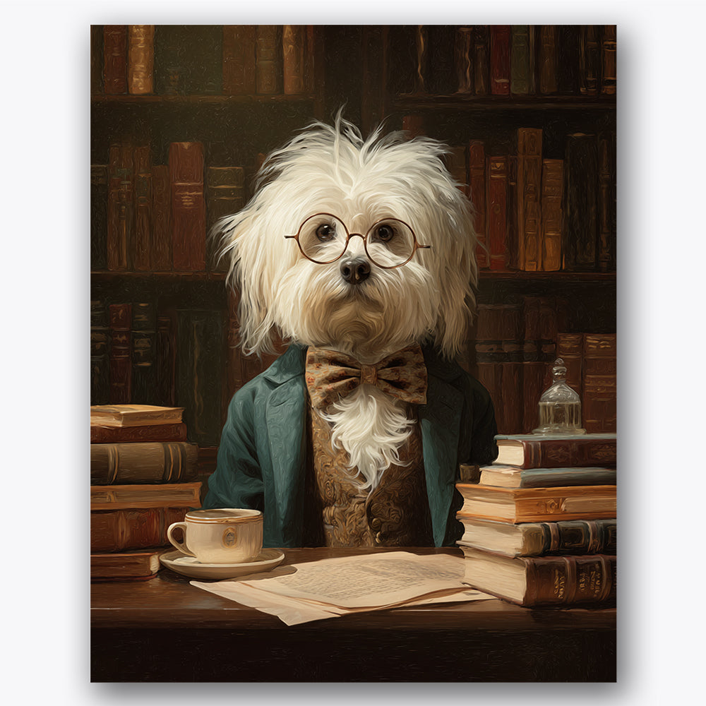 Paint by numbers design of dog, library, fluffy white fur, round spectacles