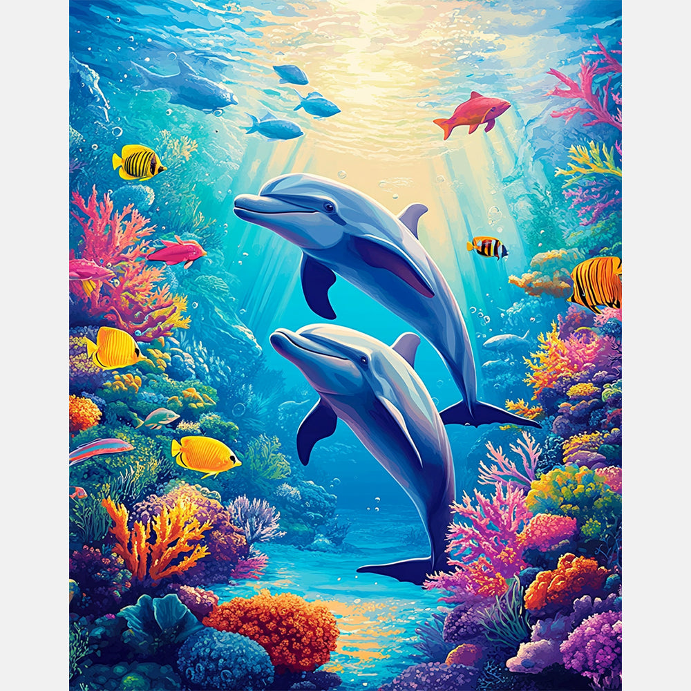 Dolphins Coral Dance Paint by Numbers Kit design preview showing the full artwork layout before painting