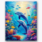 Paint by numbers design of dolphins, coral reef, vibrant coral colors, sunlit ocean rays