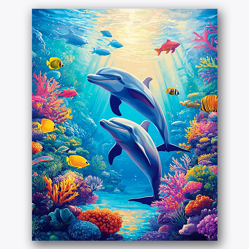 Paint by numbers design of dolphins, coral reef, vibrant coral colors, sunlit ocean rays