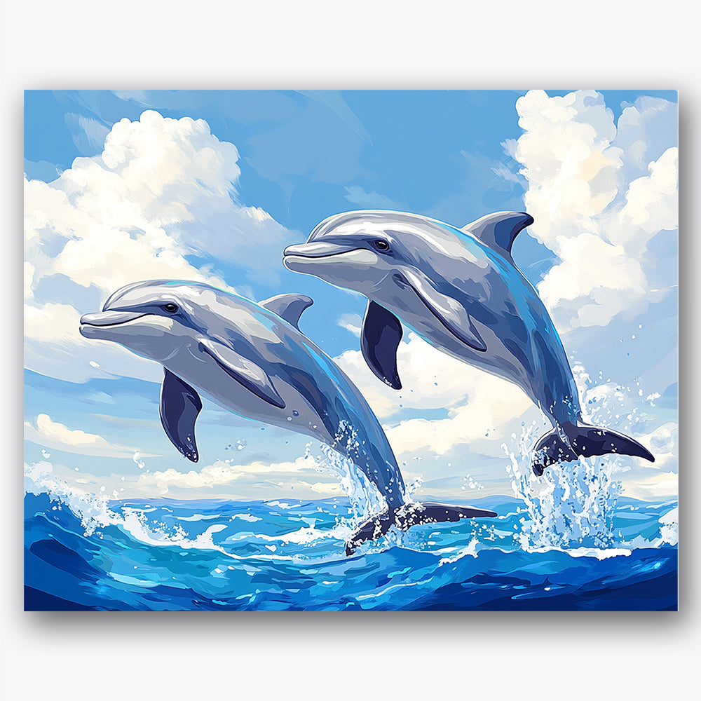 Paint by numbers design of dolphins, waves, vivid blue sky, fluffy white clouds
