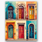 Paint by numbers design of door, architecture, six unique doors, stone and brick textures, An assembly of six vibrant doors