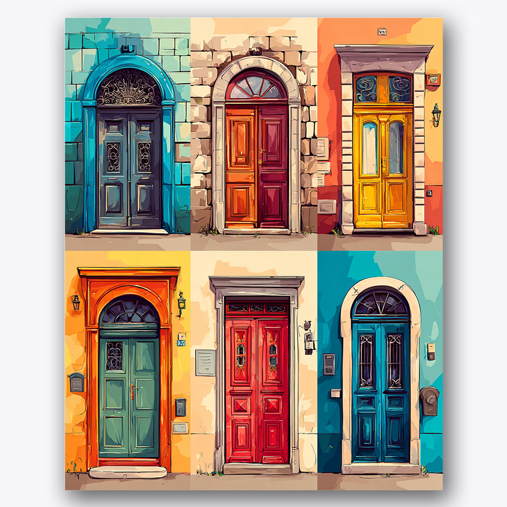 Paint by numbers design of door, architecture, six unique doors, stone and brick textures, An assembly of six vibrant doors