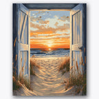 Paint by numbers design of sunset, wooden doors, open wooden doors, vivid sunset