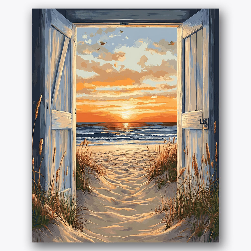 Paint by numbers design of sunset, wooden doors, open wooden doors, vivid sunset
