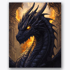 Paint by numbers design of dragon, flames, golden flames, intricate scales