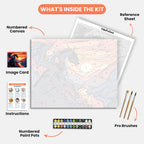Dragon at Sunset Paint by Numbers Kit – includes numbered canvas, paint pots, brushes, and instructions