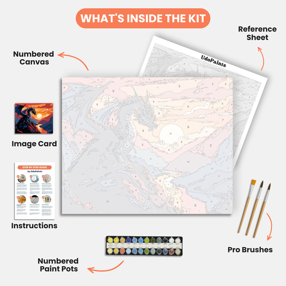 Dragon at Sunset Paint by Numbers Kit – includes numbered canvas, paint pots, brushes, and instructions