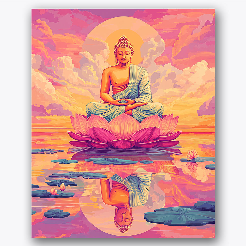 Paint by numbers design of Buddha, lotus flower, vibrant sunset sky, Buddha on lotus