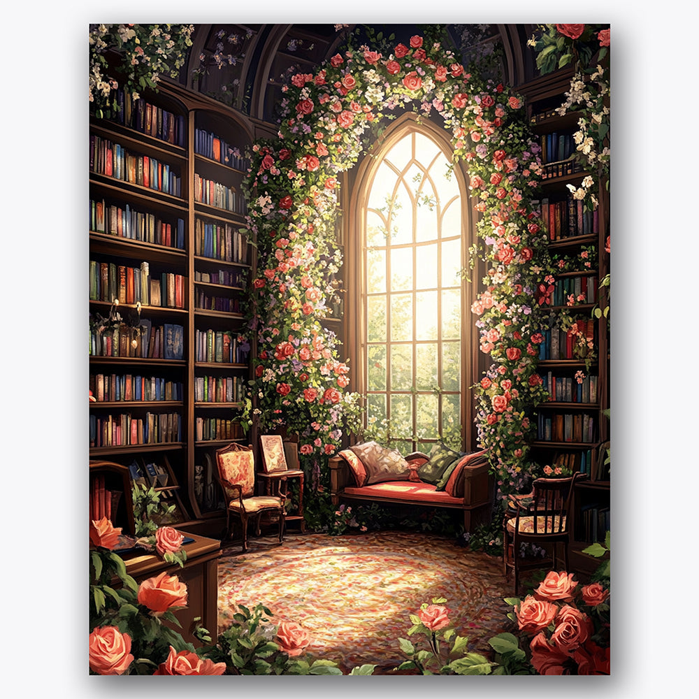 Paint by numbers design of library, flower arches, arched window light, lush flower arches, A cozy