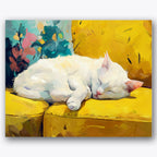 Paint by numbers design of white cat, yellow couch, white cat sleeping, vibrant yellow couch
