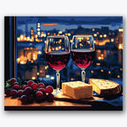 Paint by numbers design of wine glasses, grapes and cheese, red wine glasses, golden city lights, Two wine glasses, grapes