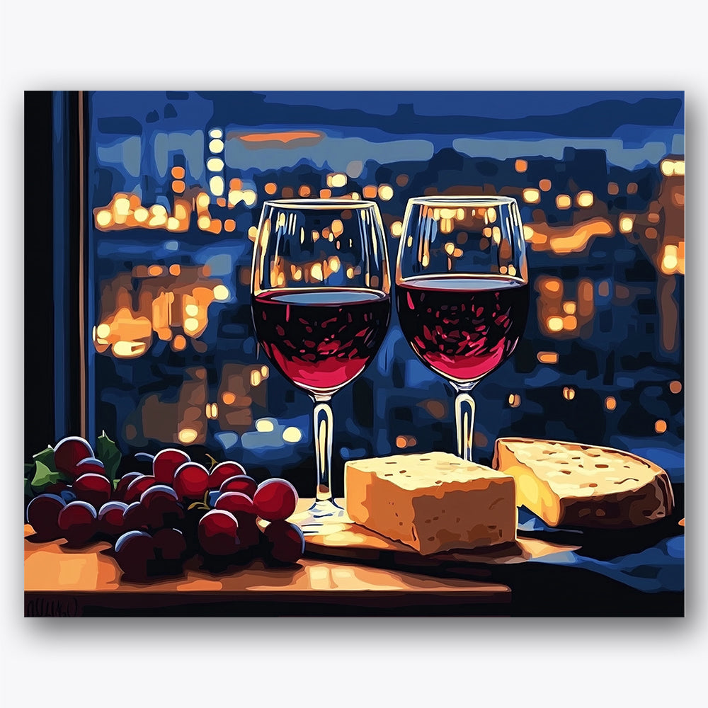 Paint by numbers design of wine glasses, grapes and cheese, red wine glasses, golden city lights, Two wine glasses, grapes