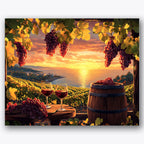 Paint by numbers design of vineyard, sunset, hanging purple grapes, wine glasses on table