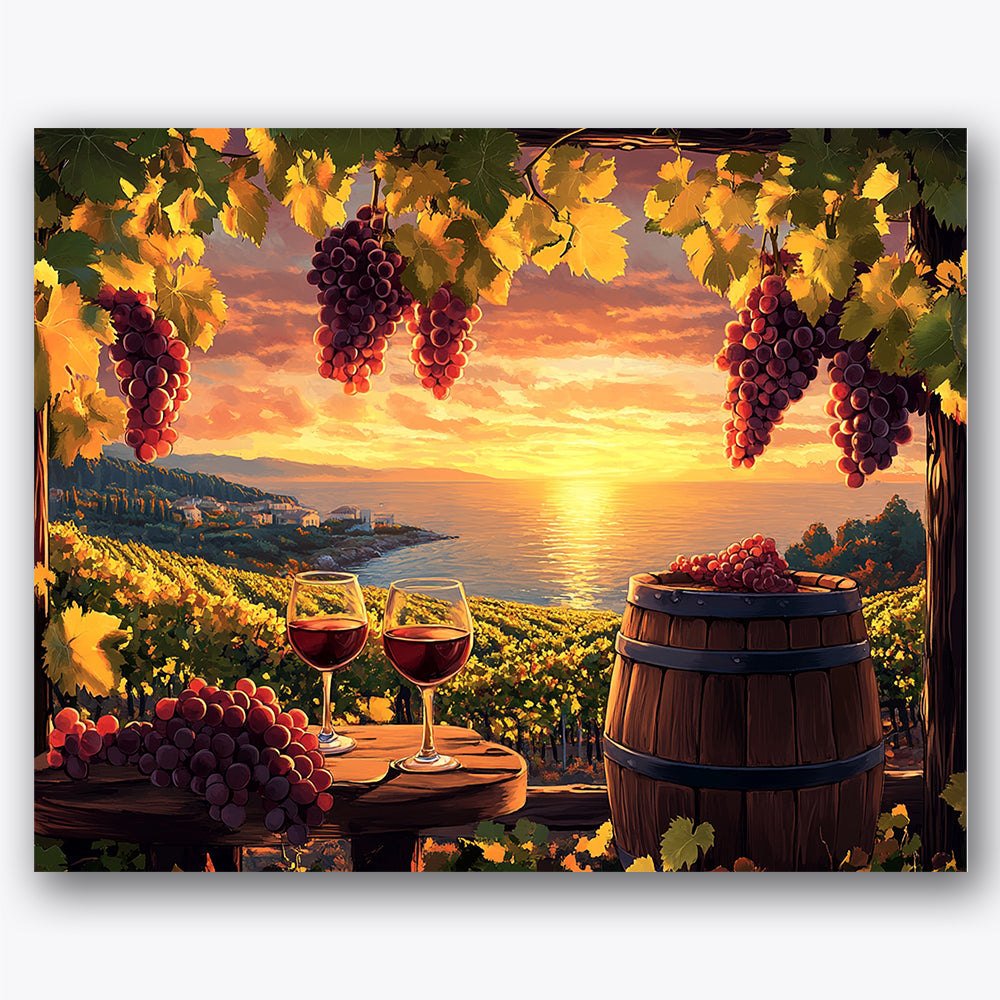 Paint by numbers design of vineyard, sunset, hanging purple grapes, wine glasses on table