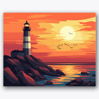 Paint by numbers design of lighthouse, sunset, vibrant orange sky, silhouetted lighthouse