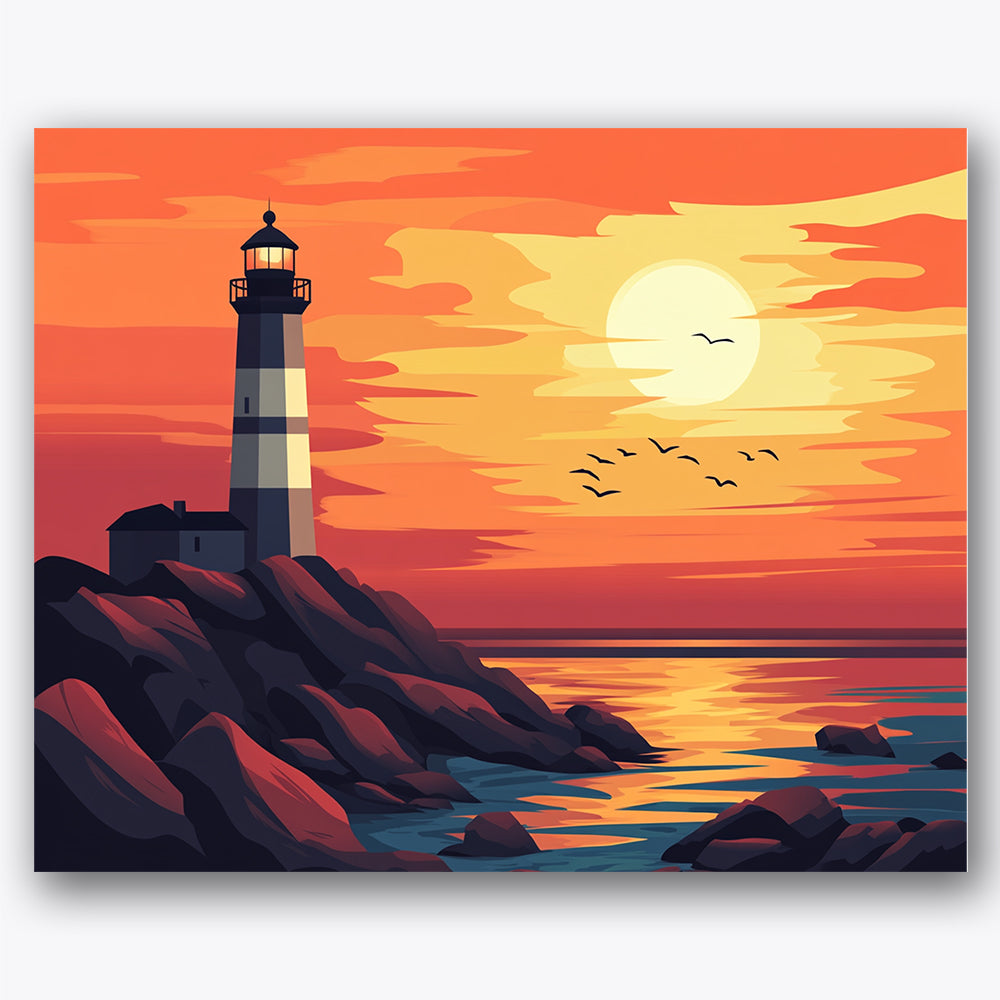 Paint by numbers design of lighthouse, sunset, vibrant orange sky, silhouetted lighthouse