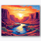 Paint by numbers design of canyon, river, vibrant sunset sky, winding reflective river