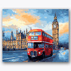 Paint by numbers design of red double-decker bus, Big Ben, red bus on bridge, Big Ben silhouette