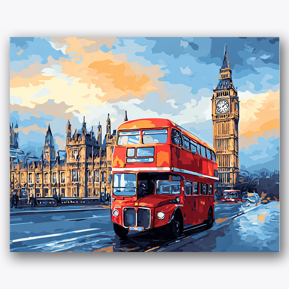 Paint by numbers design of red double-decker bus, Big Ben, red bus on bridge, Big Ben silhouette