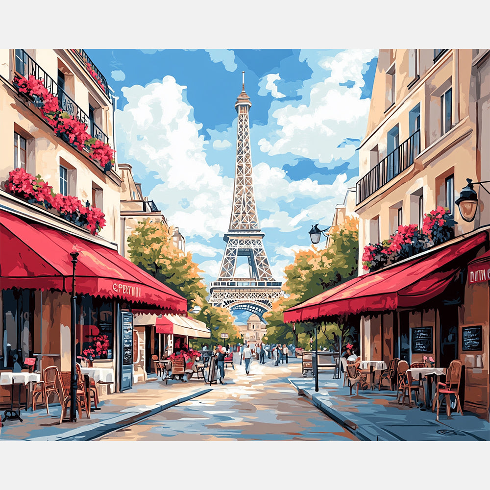 Eiffel Street Stroll Paint by Numbers Kit design preview showing the full artwork layout before painting