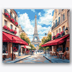 Paint by numbers design of Eiffel Tower, Parisian cafés, red caf awnings, Eiffel Tower background
