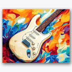 Paint by numbers design of electric guitar, abstract background, swirling colors, detailed guitar strings