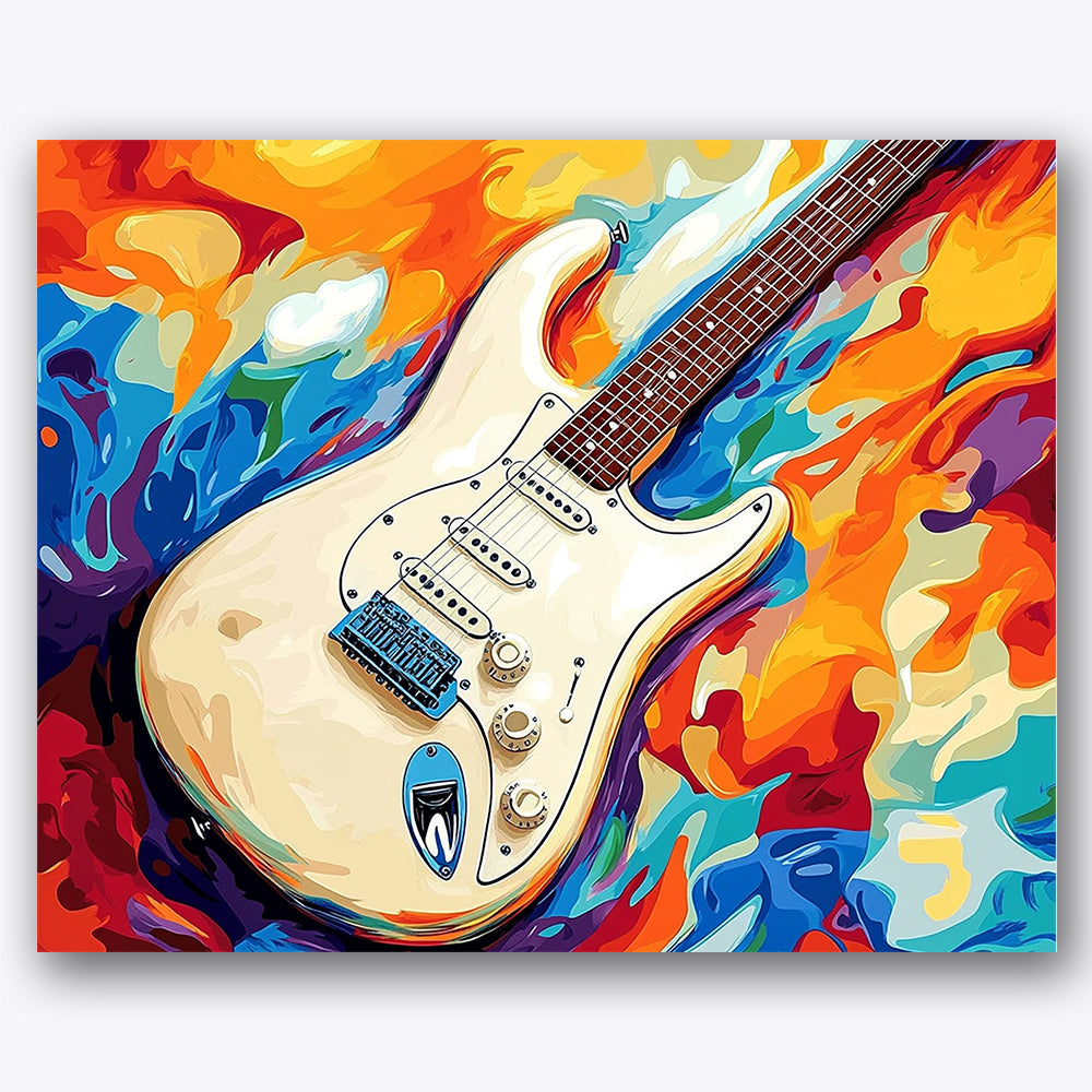 Paint by numbers design of electric guitar, abstract background, swirling colors, detailed guitar strings