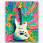Paint by numbers design of electric guitar, colorful swirls, electric guitar centerpiece, swirling colorful background