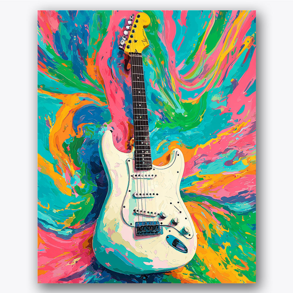 Paint by numbers design of electric guitar, colorful swirls, electric guitar centerpiece, swirling colorful background