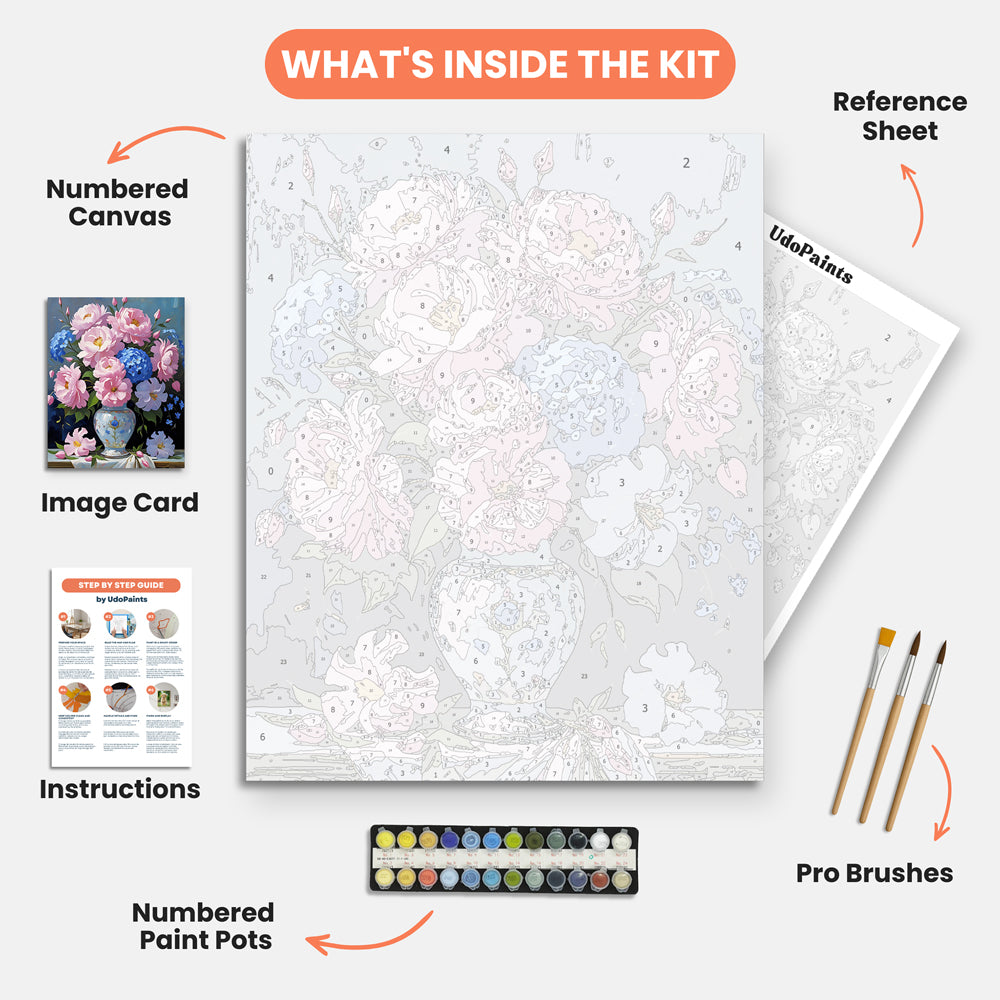 Elegant Flower Vase Paint by Numbers Kit – includes numbered canvas, paint pots, brushes, and instructions