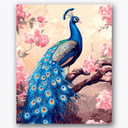 Paint by numbers design of peacock, pink blossoms, vibrant blue feathers, pink cherry blossoms