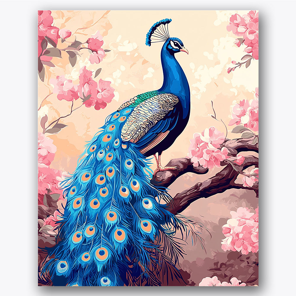 Paint by numbers design of peacock, pink blossoms, vibrant blue feathers, pink cherry blossoms
