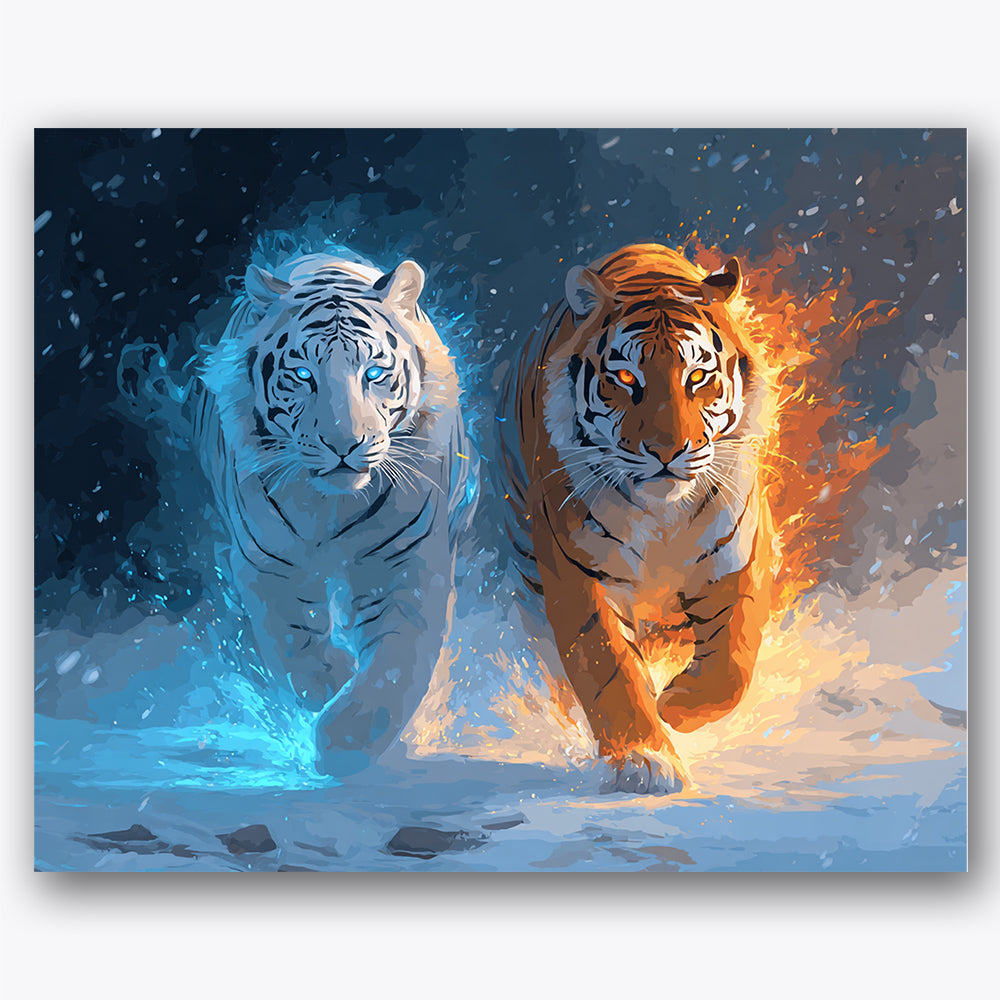 Paint by numbers design of tigers, contrasting elements, fiery orange flames, icy blue aura, Two tigers
