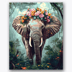 Paint by numbers design of elephant, floral crown, vibrant floral crown, lush greenery backdrop