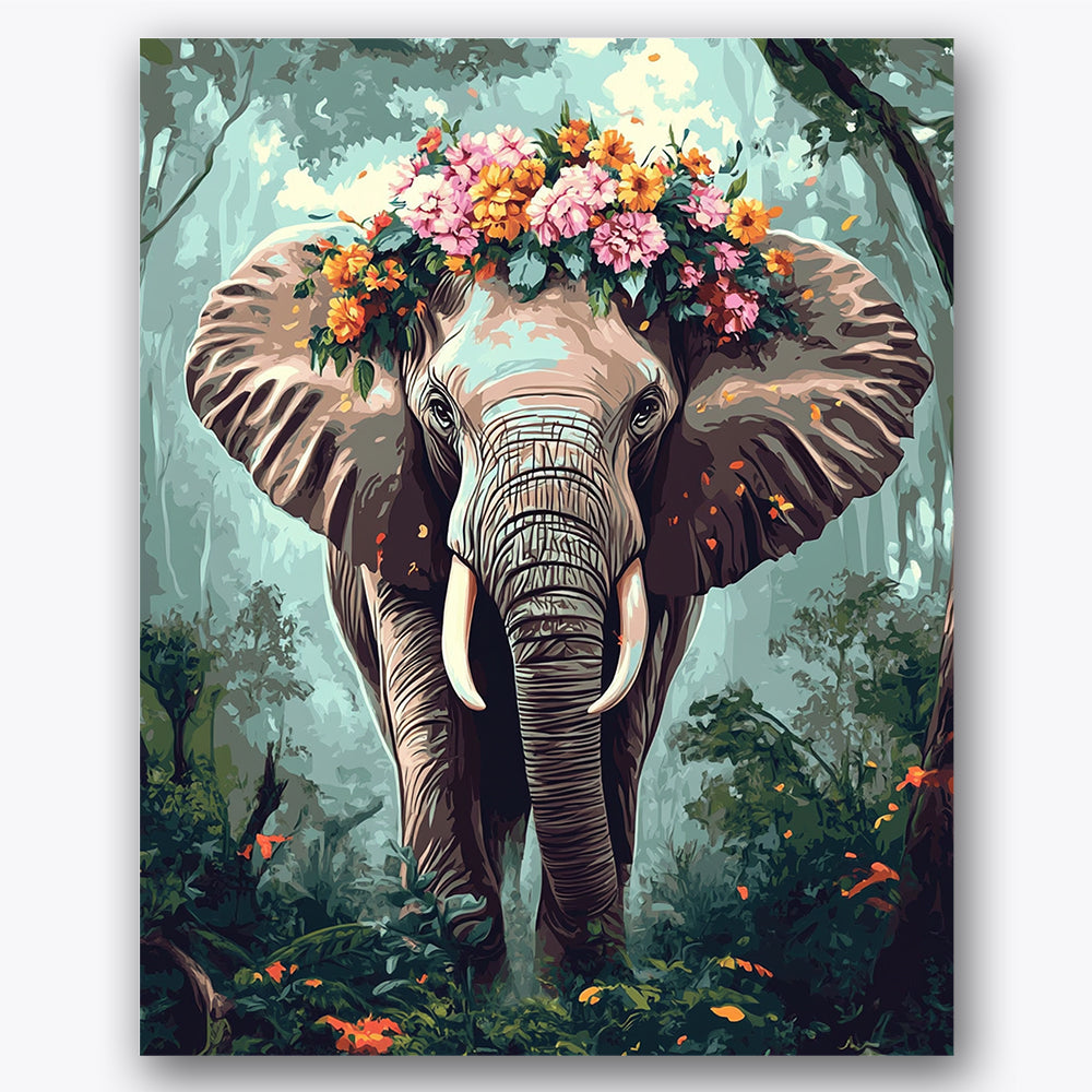 Paint by numbers design of elephant, floral crown, vibrant floral crown, lush greenery backdrop