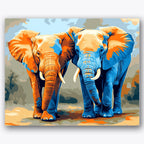 Paint by numbers design of elephants, vibrant colors, vibrant blue and orange, two elephants side by side