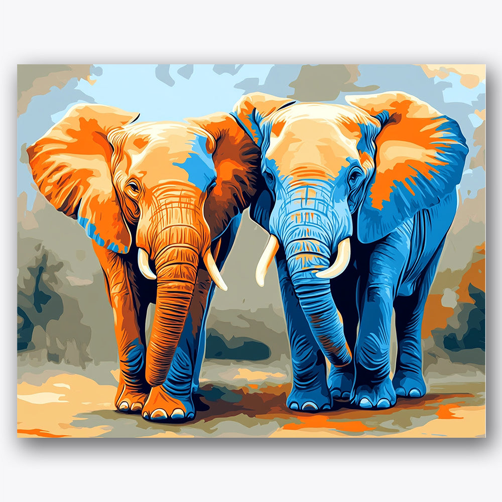 Paint by numbers design of elephants, vibrant colors, vibrant blue and orange, two elephants side by side