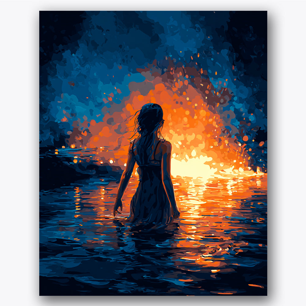 Paint by numbers design of woman, firelight, vivid orange glow, silhouette of woman, A woman stands immersed in water